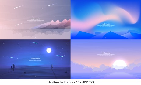 Vector backgrounds. Minimalist style. Flat concept. 4 landscapes collection. Mountains by the water, aurora in the Arctic, a night desert with a brightly shining moon, sunrise over water in the fog