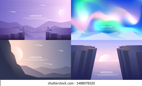 Vector backgrounds. Minimalist style. Flat concept. 4 landscapes collection. A bridge between the rocks, a ruined glow in the Arctic, night mountains and a canyon with sunset