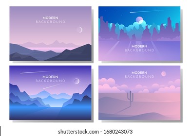 Vector backgrounds. Minimalist style. Flat concept. 4 landscapes collection. Mountains lake, Night desert, Moonlight night, Starry sky