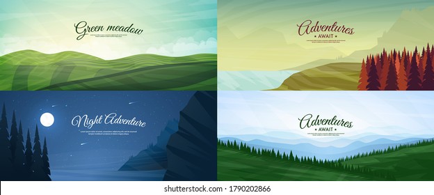 Fondos vectores. Estilo minimalista. Concepto plano. Colección de 4 paisajes. Campo, prado con árboles, bosque, colinas y montañas. Colección de fondo de pantalla panorámica con texto caligráfico. 