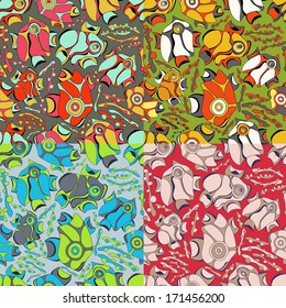 Vector backgrounds seamless pattern with fishes. Pattern can be used for wallpaper pattern fills surface textures.Set of 4 patterns.
