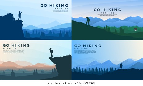 Vector backgrounds set. Travel concept of discovering, exploring and observing nature. Hiking. Adventure tourism. Flat design template of gift cards, banner, invitation, poster, website layout.