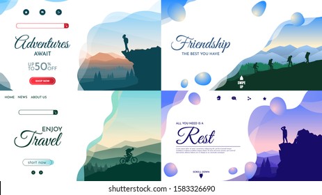 Vector backgrounds set. Travel concept of discovering, exploring and observing nature. Hiking. Adventure tourism. Flat design template of gift cards, cover, banner, invitation, poster, website layout.