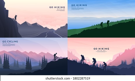 Vector backgrounds set. Travel concept of discovering, exploring and observing nature. Hiking. Adventure tourism. Flat design template of gift cards, banner, invitation, poster, website layout.