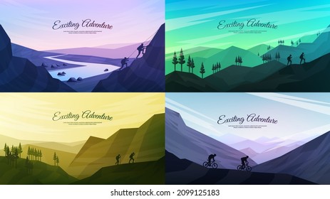 Vector backgrounds set. Travel concept of discovering, exploring and observing nature. Hiking. Adventure tourism. Flat design template of gift cards, banner, invitation, poster, website layout.