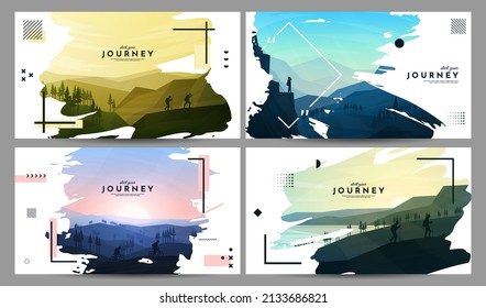 Vector backgrounds set. Travel concept of discovering, exploring and observing nature. Hiking, biking. Adventure tourism. Flat design for website banner, social media. Grunge overlay. Ink brush stroke