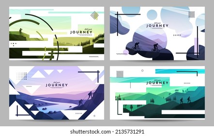 Montaje de vectores. Concepto de viajes de descubrir, explorar y observar la naturaleza. Senderismo, ciclismo. Turismo de aventura. Diseño plano para banner de sitio web, medios sociales. Superposición de forma lineal geométrica