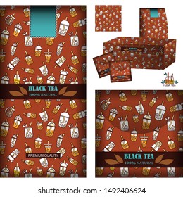 Vector backgrounds for tea design. Realistic template for tea-bags, tea packets and box with label, logo and sticker. Set for black tea, brown color palette. Pattern with cups, bottles, drinks enabled