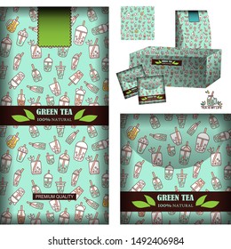 Vector backgrounds for tea design. Realistic template for tea-bags, tea packets and box with label, logo and sticker. Set for green tea, mint color palette. Pattern with cups, bottles, drinks enabled