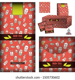 Vector backgrounds for tea design. Realistic template for tea-bags, tea packets and box with label, logo and sticker. Set for red tea, green and red color palette. Pattern with cups, bottles, drinks 