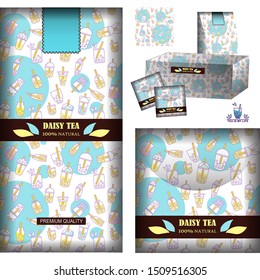 Vector backgrounds for tea design. Realistic template for tea-bags, tea packets and box with label, logo and sticker. Set for daisy tea, light color palette. Pattern with cups, bottles, drinks enabled