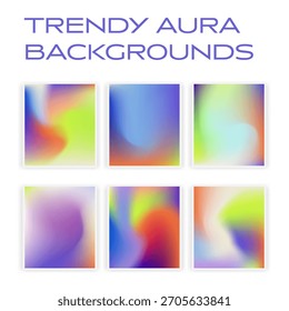 Planos de fundo vetoriais com gradientes suaves e vibrantes em tons de roxo, azul, amarelo e laranja. O estilo abstrato moderno cria um efeito aura moderno e sonhador ideal para design digital.
