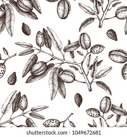 Vector backgroung with Almond illustration. Hand drawn nut tree sketch. Botanical seamless pattern with vintage tonic plants drawing.