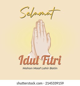 Vector backgrournd for religious islamic greetings card with namaste hand gestur. (Selamat Hari Raya Idul Fitri: Happy Eid al-Fitr)