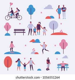 Vector backgrownd in flat design of group people and families outdoor in the park on weekend