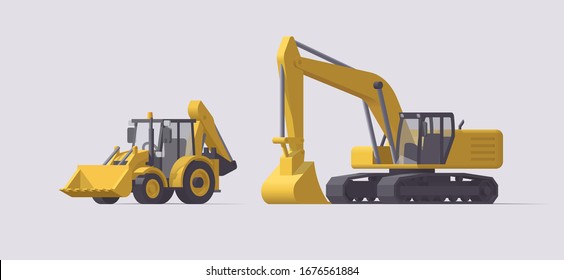 Vector backhoe loader & heavy shovel excavator. Isolated illustration. Collection