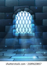 Vector backound Old castle walls with window and moon light glow with sparkles.