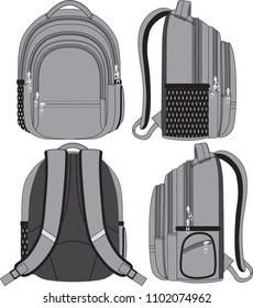 Vector backpack in 4 angles. Front, back, left and right views with all details for industrial and graphical use.