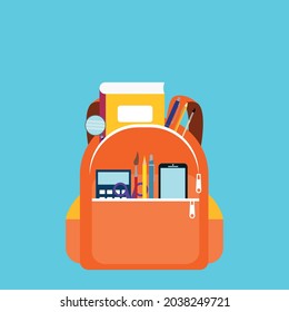 vector backpack with school supplies. flat image of an open backpack with school supplies