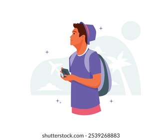 Vector backpacker enjoying his travel journey carrying a camera