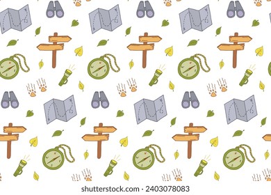 Vector Backpacking Seamless Pattern. Trekking and Hiking Colorful Doodle Background. Local Tourism