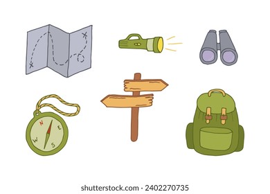 Conjunto de embalaje de vectores. Senderismo ilustraciones coloridas sobre fondo blanco. Turismo local