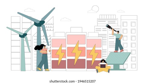 Vector. Sistema de almacenamiento de energía de respaldo. Gran estación de almacenamiento de energía de batería de litio-ión con turbinas eólicas. Ilustración aislada de vectores sobre fondo blanco.