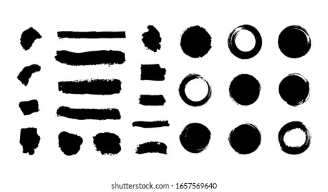 Vector baclk paint brush, brush strokes set isolated on white background, textured lines and circles, artistic design elements.