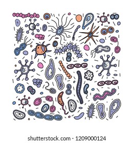 Vector bacteria cells collection. Set of microorganisms shape. Doodle style square composition.