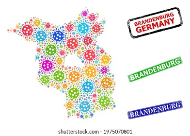 Vector bacterium collage Brandenburg Land map, and grunge Brandenburg stamps. Vector multi-colored Brandenburg Land map collage, and Brandenburg rubber framed rectangle stamp seals.
