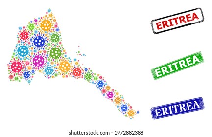 Vector bacterium collage Eritrea map, and grunge Eritrea seal stamps. Vector multi-colored Eritrea map collage, and Eritrea grunge framed rectangle stamps.