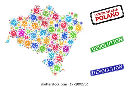 Vector Bacterium Collage Lower Silesia Province Map, And Grunge Devolution Badges. Vector Multi-colored Lower Silesia Province Map Collage, And Devolution Grunge Framed Rectangle Stamps.