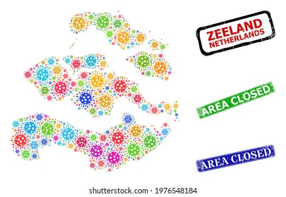 Vector bacterium collage Zeeland Province map, and grunge Area Closed seals. Vector colored Zeeland Province map mosaic, and Area Closed unclean framed rectangle stamps.