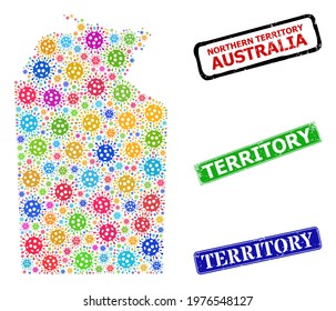 Vector bacterium mosaic Australian Northern Territory map, and grunge Territory seal stamps. Vector colored Australian Northern Territory map mosaic,