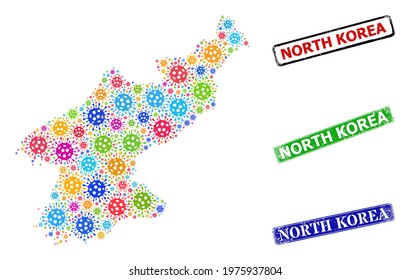 Vector bacterium mosaic North Korea map, and grunge North Korea seal stamps. Vector multi-colored North Korea map mosaic, and North Korea grunge framed rectangle seal imitations.