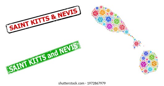 Vector bacterium mosaic Saint Kitts and Nevis map, and grunge badges. Vector vibrant Saint Kitts and Nevis map mosaic, and grunge framed rectangle seals.