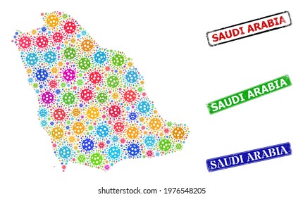 Vector bacterium mosaic Saudi Arabia map, and grunge Saudi Arabia stamps. Vector multi-colored Saudi Arabia map collage, and Saudi Arabia grunge framed rectangle stamp seals.