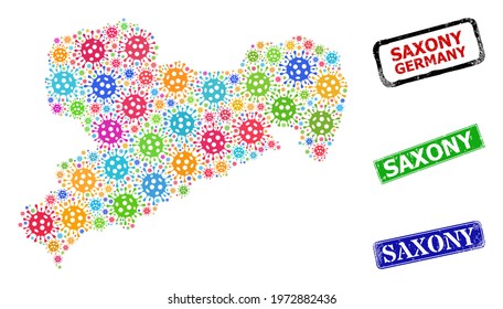 Vector bacterium mosaic Saxony Land map, and grunge Saxony seals. Vector colorful Saxony Land map mosaic, and Saxony grunge framed rectangle seal imitations.