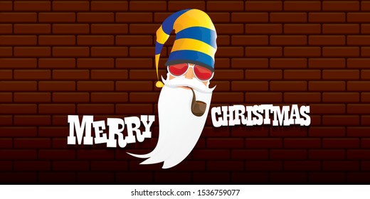vector bad rock n roll dj santa claus with smoking pipe, beard and greeting calligraphic text on brick wall horizontal banner background. Rock Christmas party hipster horizontal poster background .