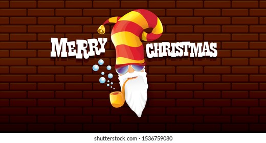 vector bad rock n roll dj santa claus with smoking pipe, beard and greeting calligraphic text on brick wall horizontal banner background. Rock Christmas party hipster horizontal poster background .