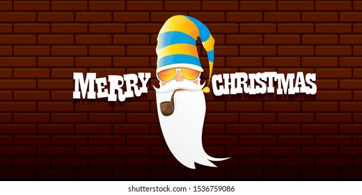 vector bad rock n roll dj santa claus with smoking pipe, beard and greeting calligraphic text on brick wall horizontal banner background. Rock Christmas party hipster horizontal poster background .