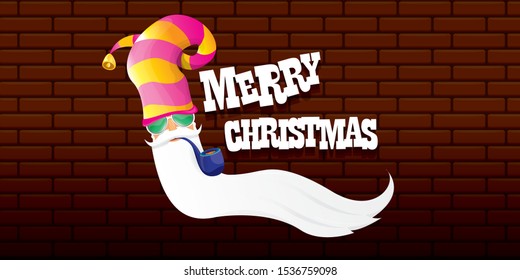vector bad rock n roll dj santa claus with smoking pipe, beard and greeting calligraphic text on brick wall horizontal banner background. Rock Christmas party hipster horizontal poster background .