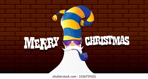 vector bad rock n roll dj santa claus with smoking pipe, beard and greeting calligraphic text on brick wall horizontal banner background. Rock Christmas party hipster horizontal poster background .