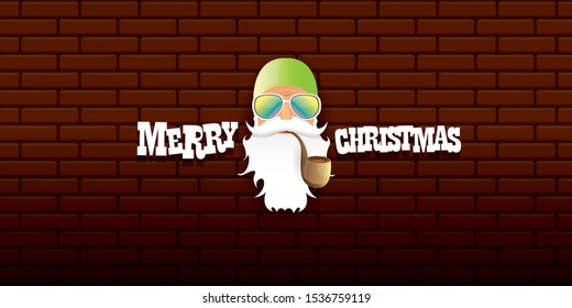 vector bad rock n roll dj santa claus with smoking pipe, beard and greeting calligraphic text on brick wall horizontal banner background. Rock Christmas party hipster horizontal poster background .