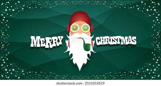 vector bad rock n roll dj santa claus with smoking pipe, beard and greeting calligraphic text on green horizontal banner background with stars. Green Christmas party wide poster background, flyer card