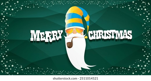 vector bad rock n roll dj santa claus with smoking pipe, beard and greeting calligraphic text on green horizontal banner background with stars. Green Christmas party wide poster background, flyer card