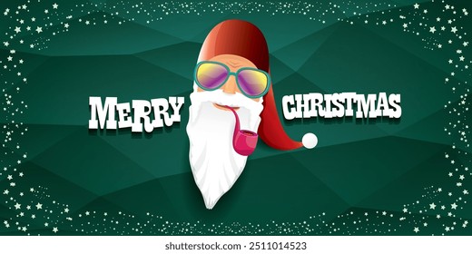 vector bad rock n roll dj santa claus with smoking pipe, beard and greeting calligraphic text on green horizontal banner background with stars. Green Christmas party wide poster background, flyer card