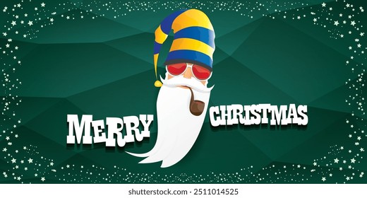 vector bad rock n roll dj santa claus with smoking pipe, beard and greeting calligraphic text on green horizontal banner background with stars. Green Christmas party wide poster background, flyer card