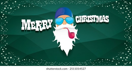 vector bad rock n roll dj santa claus with smoking pipe, beard and greeting calligraphic text on green horizontal banner background with stars. Green Christmas party wide poster background, flyer card