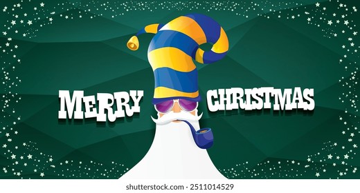 vector bad rock n roll dj santa claus with smoking pipe, beard and greeting calligraphic text on green horizontal banner background with stars. Green Christmas party wide poster background, flyer card